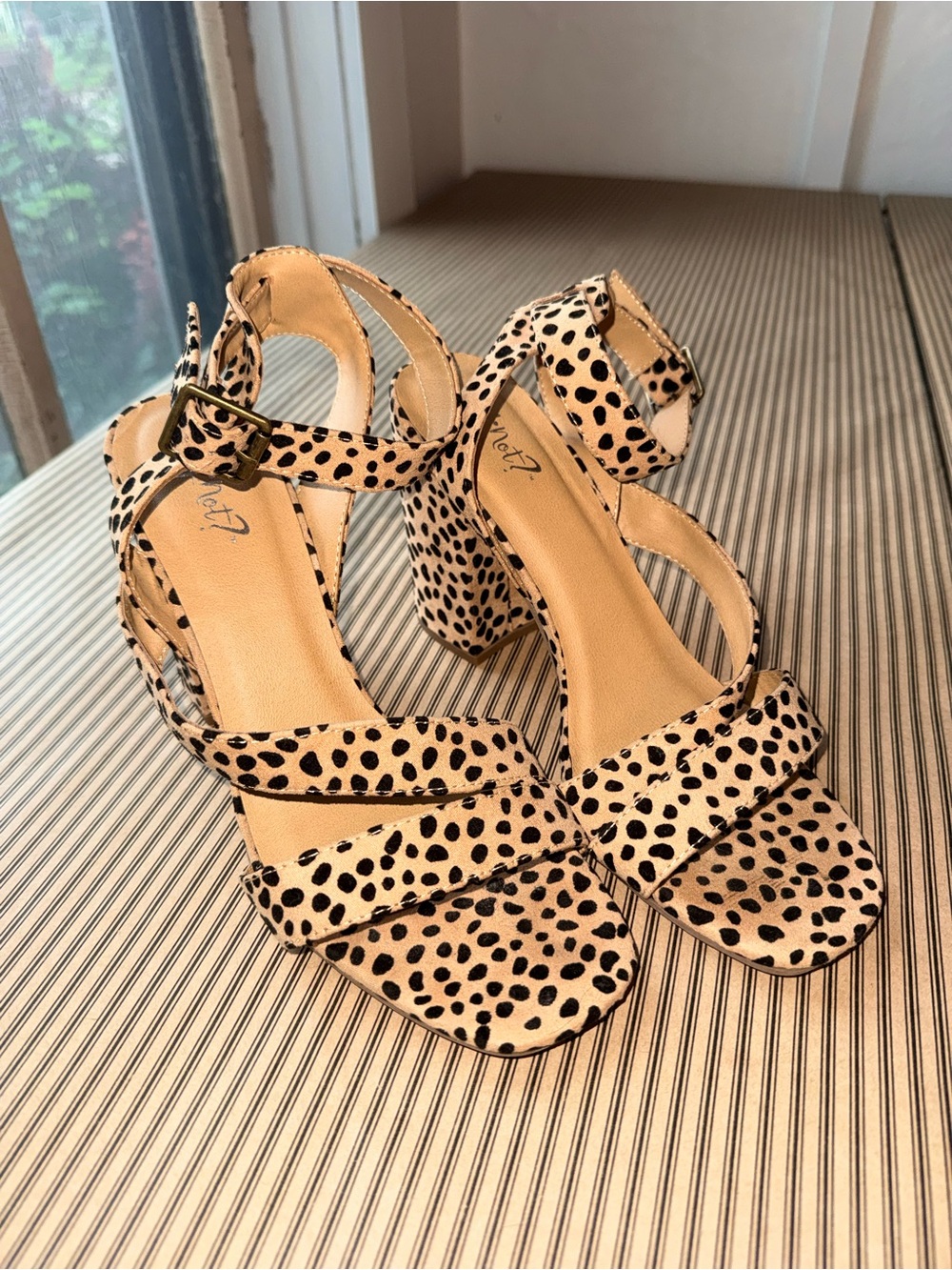 Leah Block Women's Beige Cheetah-Print Ankle-Strap Block Heel Sandals
